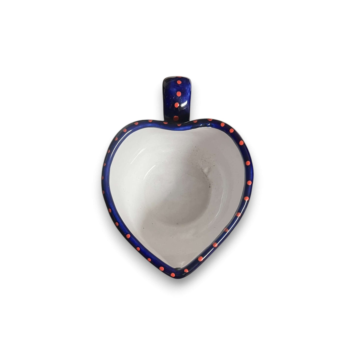 Colorful Talavera Heart Mug | Handmade Mexican Pottery Cup - top view heart-shaped ceramic mug with cobalt blue rim and hand-painted dots