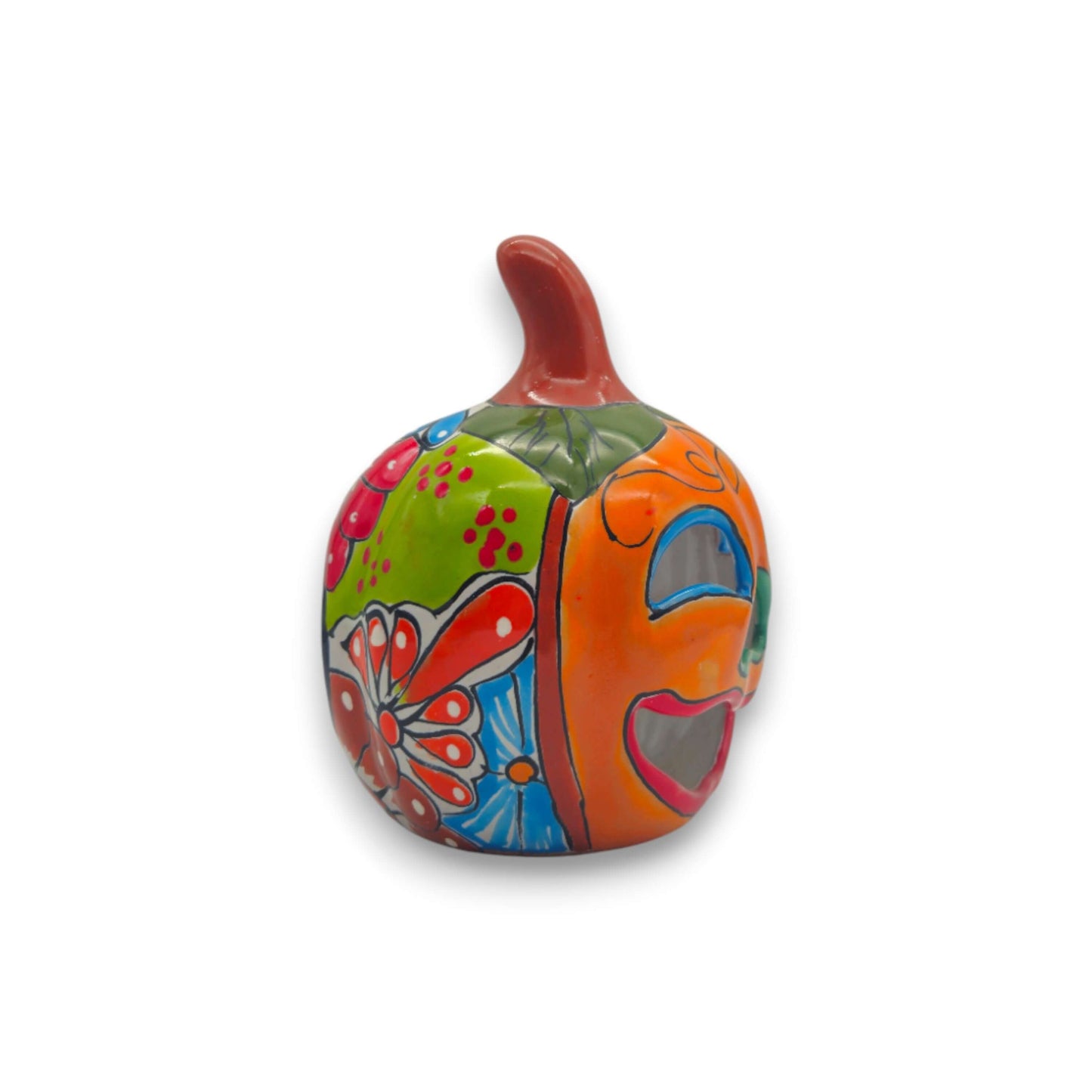 Handmade Talavera Pumpkin | Mexican Jack-O'-Lantern Decor - bright hand-painted orange glazed pumpkin with green leaves and floral vine details