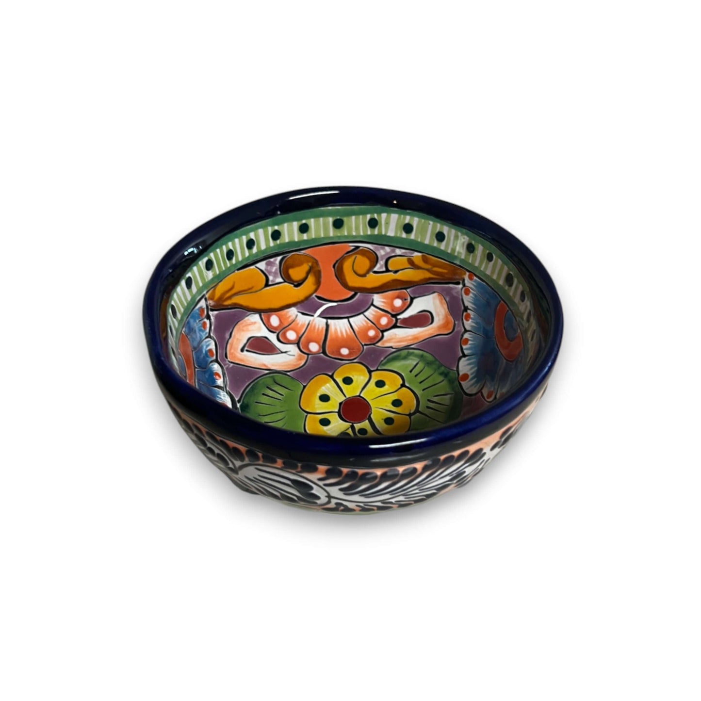 Talavera Salsa Bowl | Handmade Mexican Ceramic Sauce Dish hand-painted three-legged Talavera sauce bowl with cobalt rim and colorful floral pattern