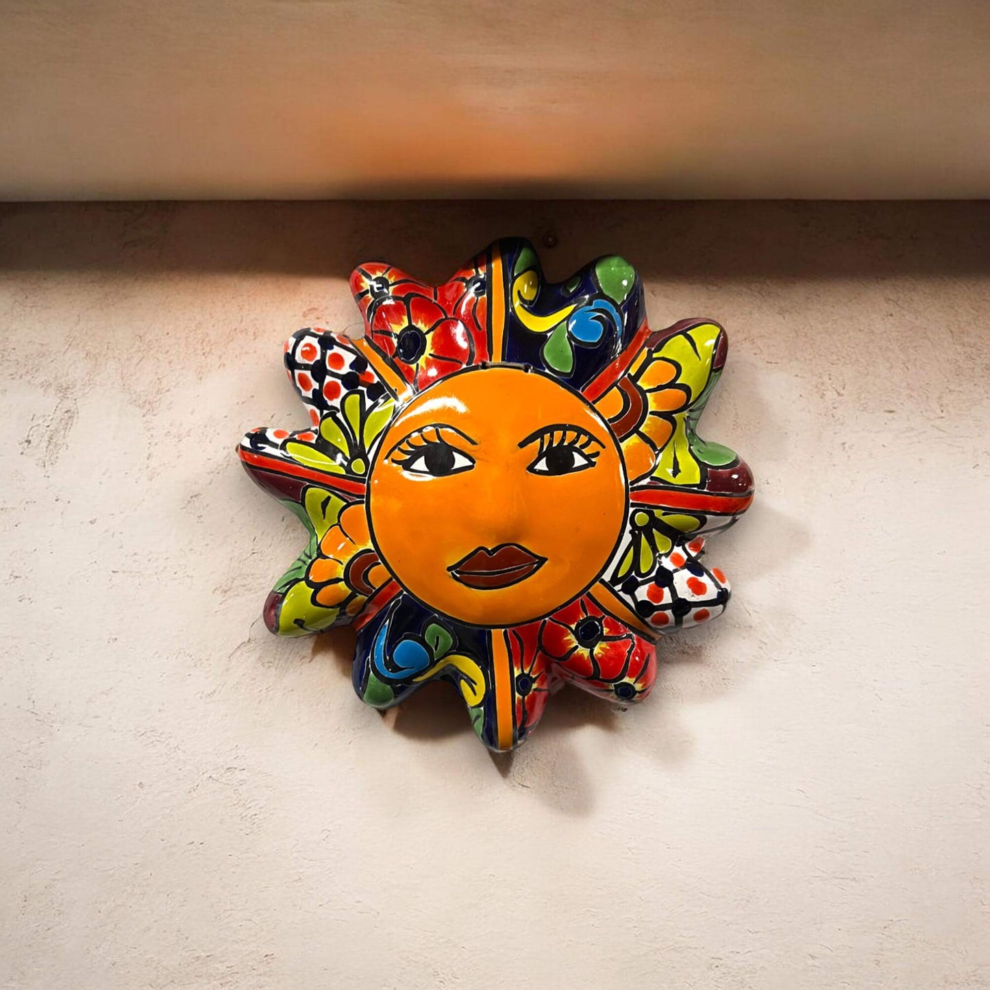 Handmade Talavera Sun Wall Art | Hand-Painted Mexican Sunflower Decor - colorful hand-painted Talavera sun with floral rays, kiln-fired, lead-free glaze, Guanajuato artisan