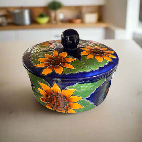 Talavera Tortilla Warmer | Handmade Sunflower Mexican Pottery - hand-painted cobalt blue sunflower pottery tortilla warmer