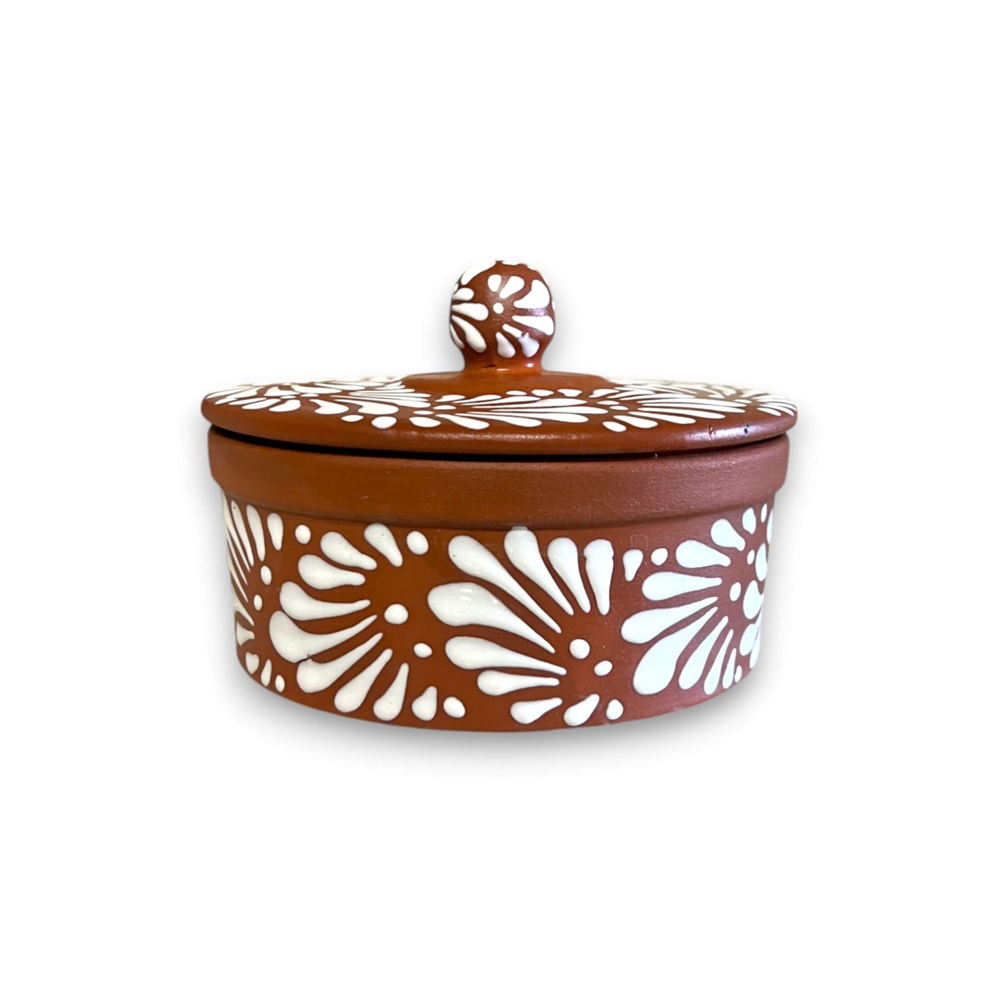 Talavera Tortilla Warmer | Handmade Terracotta Food Warmer - handcrafted matte terracotta warmer with white floral hand-painted Talavera design