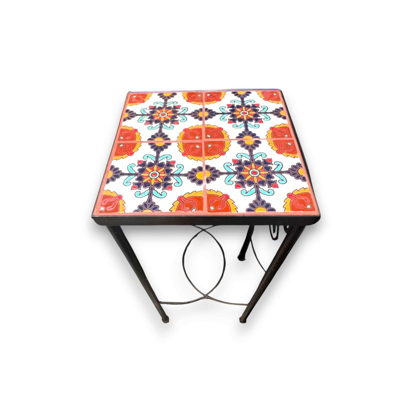 Custom Talavera Tile Accent Table | Handmade Mexican End Table with hand-painted four-tile tabletop in bold traditional colors and metal frame