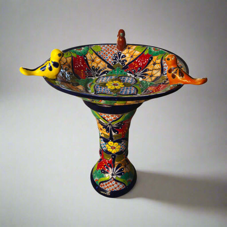 Talavera Bird Bath with Blue Rim | Colorful Mexican Garden Decor - hand-painted kiln-fired bird bath with blue rim and three bright ceramic birds