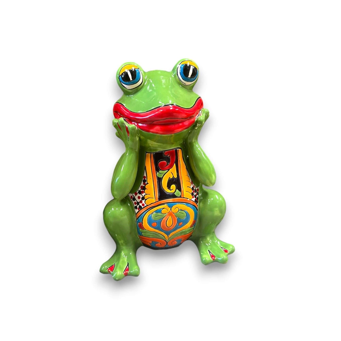 Talavera Frog Statue | Colorful Hand-Painted Mexican Decor - Hand-painted green ceramic frog with vibrant floral belly, expressive eyes, and joyful grin