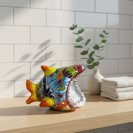 Colorful Talavera Shark Soap Dish | Handcrafted Ceramic Holder on wooden bathroom shelf with towels and plant