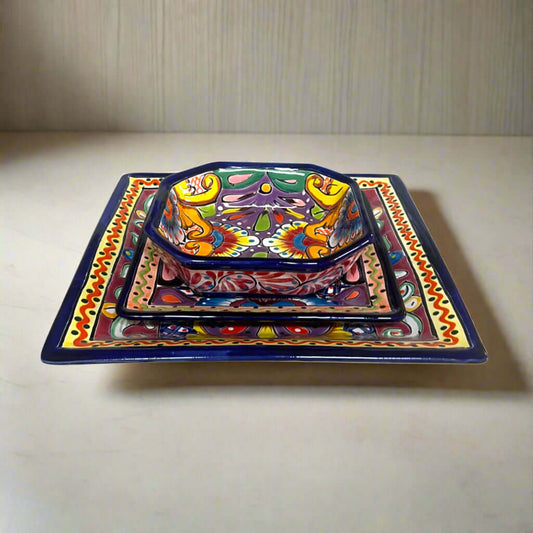 Talavera Square Dinnerware Set | 12-Piece Mexican Pottery Set - hand-painted vibrant square plates and bowls from Guanajuato, lead-free glazed Talavera