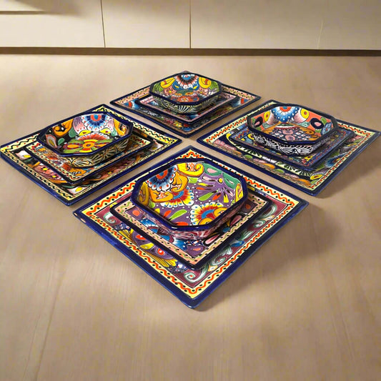 Talavera Square Dinnerware Set | 12-Piece Mexican Pottery Set - hand-painted vibrant square plates and bowls from Guanajuato, lead-free glaze