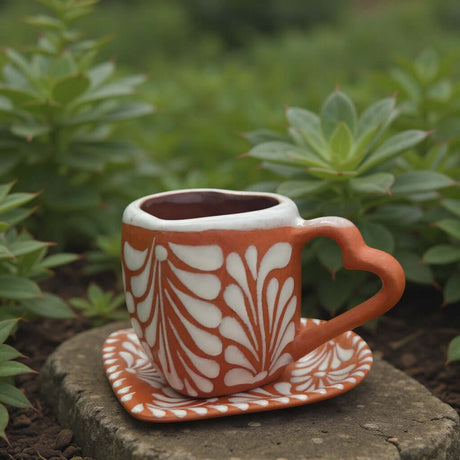 Heart-Shaped Talavera Mug Set | Brown & White Coffee Cup & Plate on stone