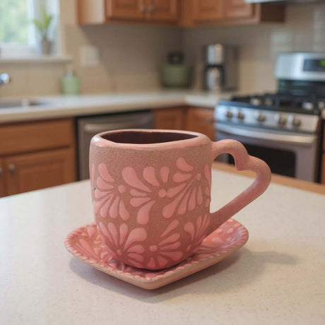 Heart Talavera Mug & Saucer Set | Pink Ceramic Coffee Cup on kitchen counter