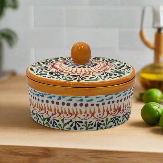 Handmade Talavera Tortilla Warmer | Authentic Puebla Mexican Pottery - hand-painted Talavera tortilla warmer with lid, floral Puebla design, lead-free glaze