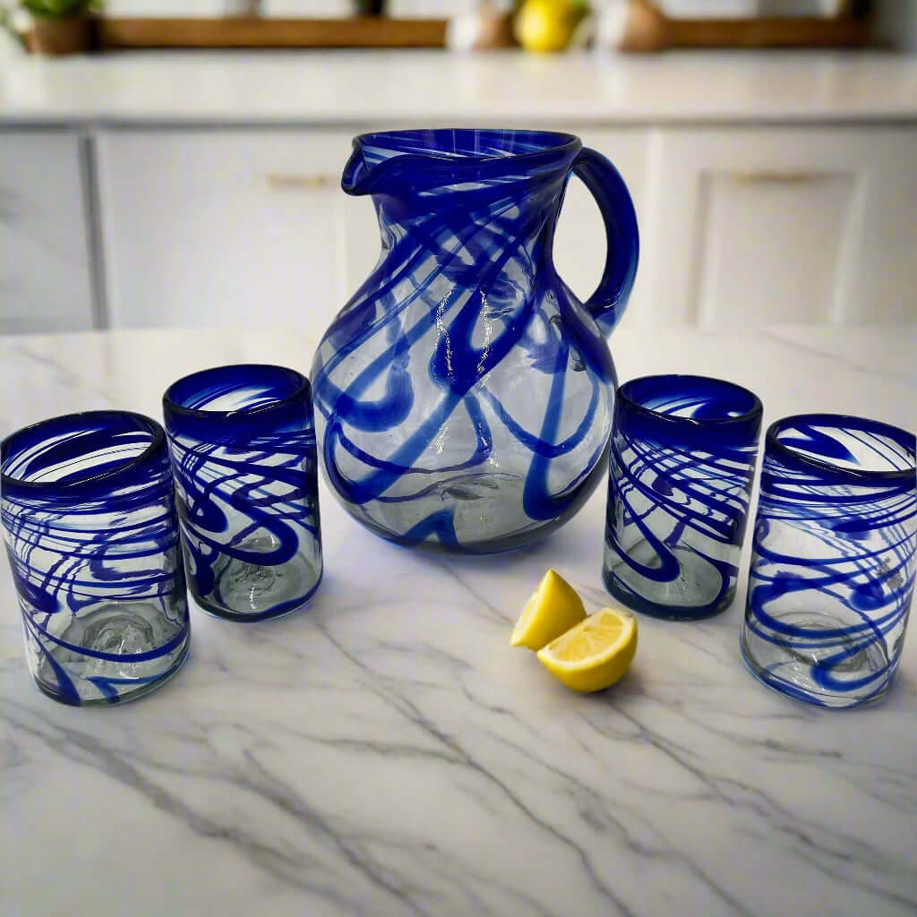 Hand Blown Mexican Glass Pitcher - Blue Swirl