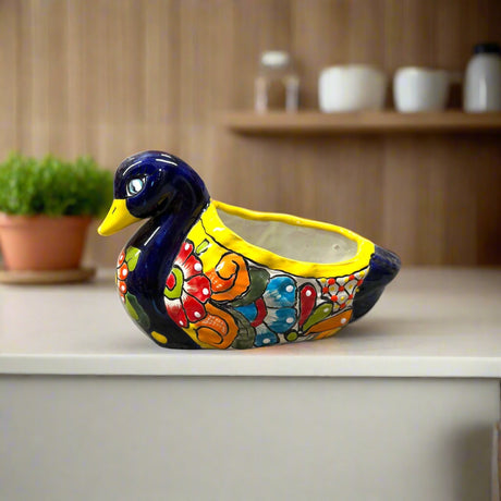 Colorful Talavera Duck Planter | Hand-Painted Mexican Succulent Pottery Art - hand-painted Talavera duck succulent pot