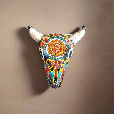 Talavera Bull Skull Wall Decor | Handmade Mexican Longhorn Art hand-painted colorful Talavera ceramic skull with floral details