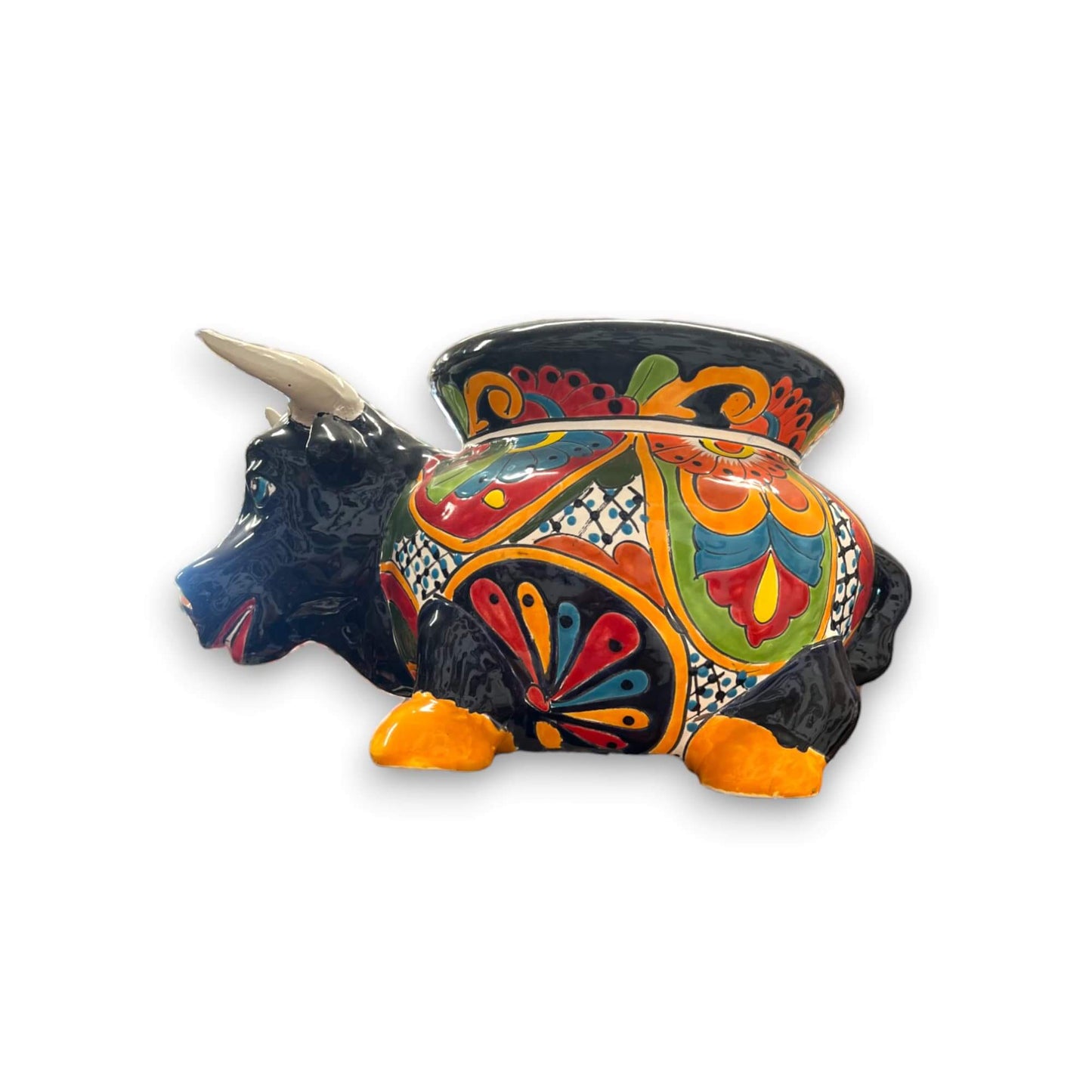 Colorful Talavera Bull Planter - 12" Mexican Pottery