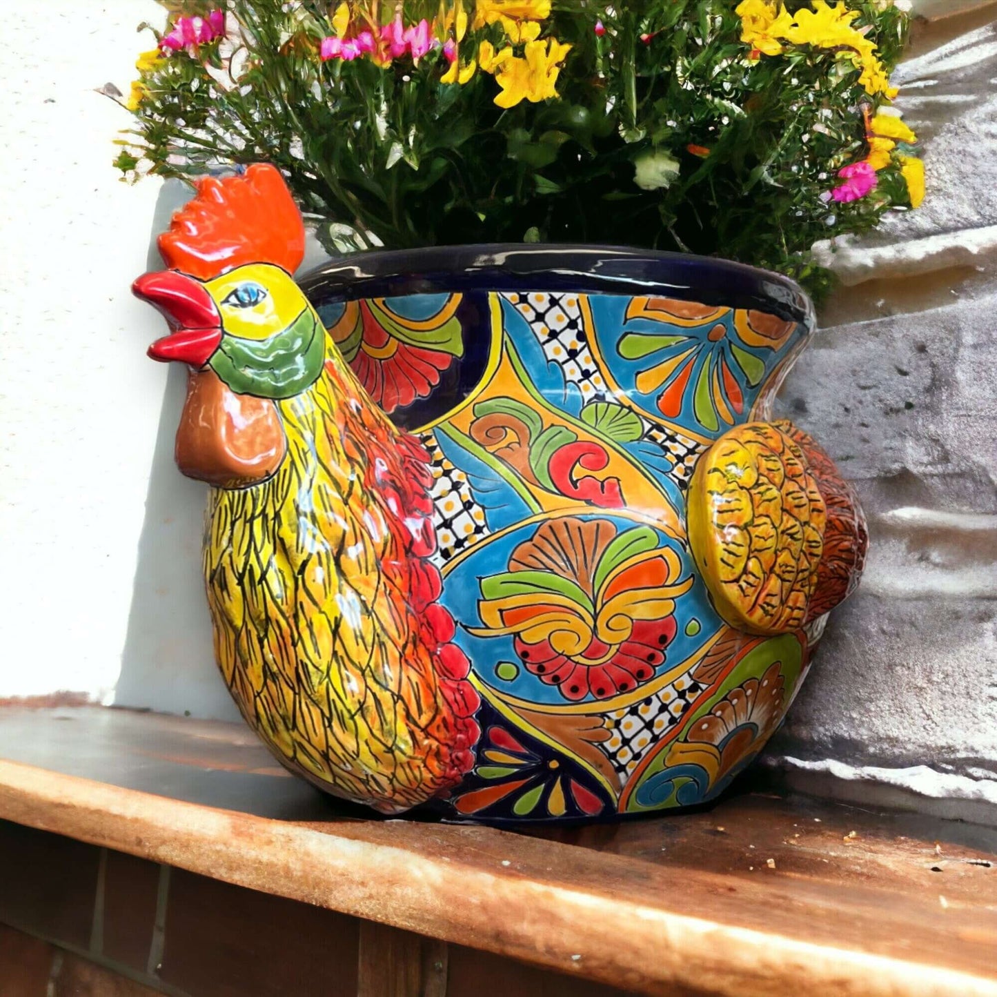 Colorful Talavera Rooster Planter | Mexican Artistry