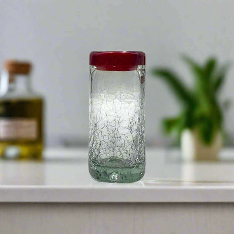 Hand-Blown Crackled Shot Glass | Red Rim Mexican Barware - handcrafted lead-free crackled glass shot glass with vibrant red rim