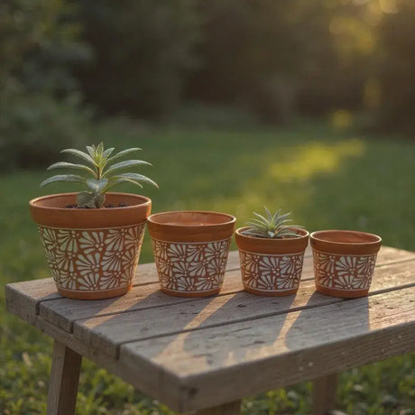 Set of 4 Talavera Flower Pots | Brown & White Terracotta Planters on wooden table