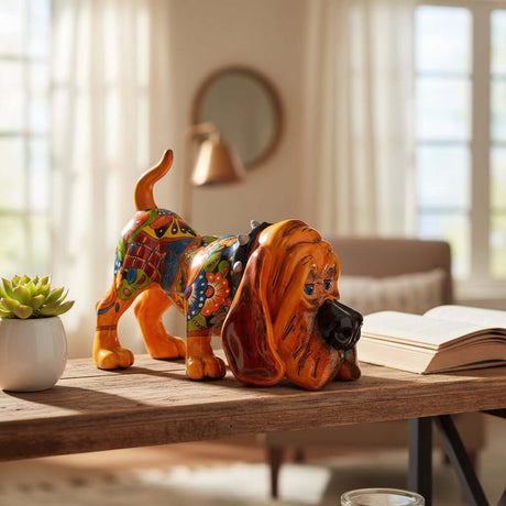 Talavera Hound Dog Statue | Vibrant Mexican Ceramic Art on table