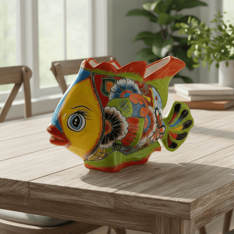 Large Talavera Fish Planter | Hand-Painted Mexican Statue Pottery on table