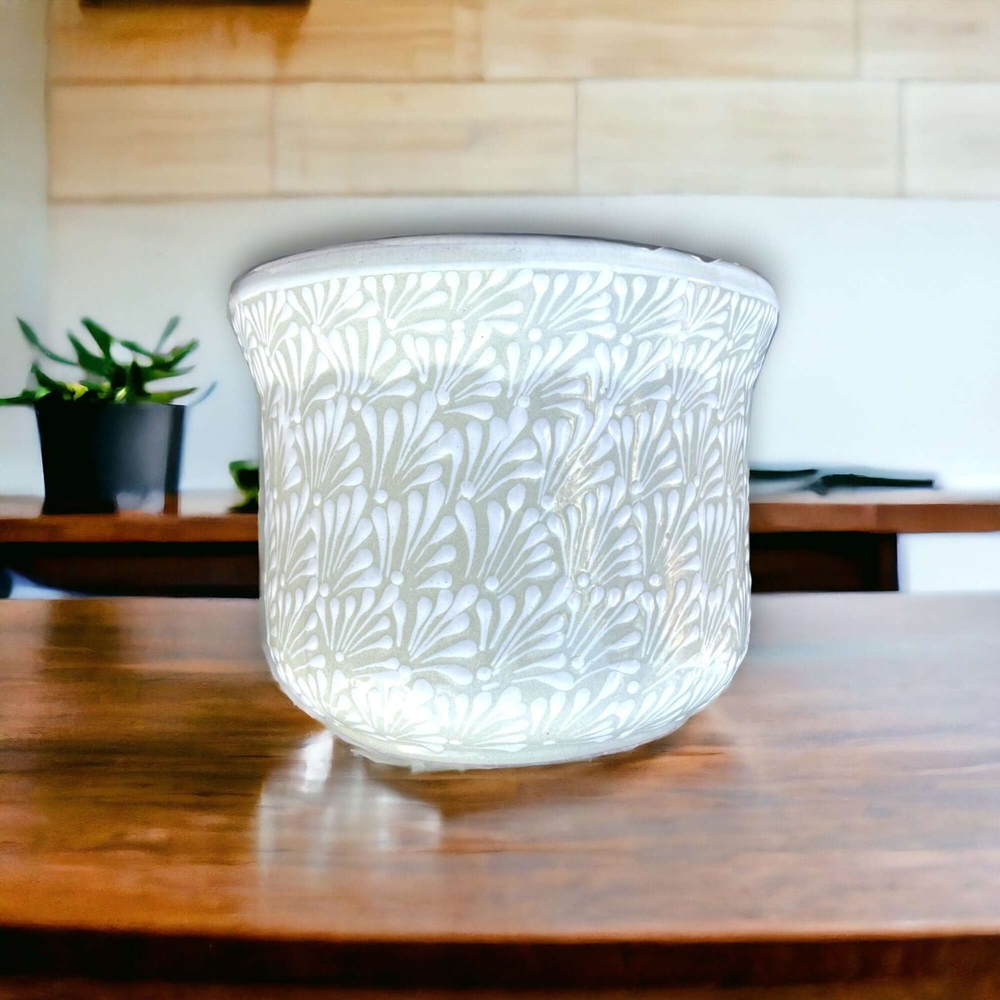 Large Mexican Talavera Hand-Painted Flower Pot | White Floral Design - hand-painted white Talavera planter with intricate floral motif