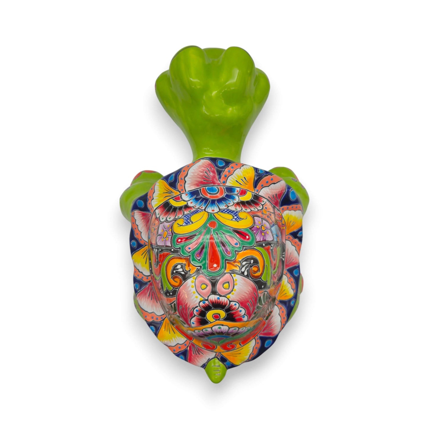 Large Talavera Turtle Statue | Hand-Painted Mexican Ceramic — vibrant hand-painted green ceramic turtle with floral Talavera motifs