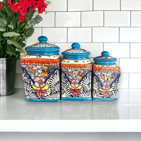 Set of 3 Light Blue Talavera Canister Set | Handmade Mexican Pottery from Puebla - hand-painted Puebla Talavera ceramic kitchen canisters