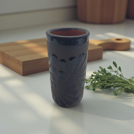 Matte Black Talavera Shot Glass | Mexican Ceramic Barware - hand-painted matte black shot glass with carved floral motifs, kiln-fired lead-free glaze