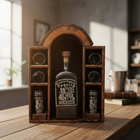 Mexican Tequila Decanter Set | 6 Shot Glasses & Wooden Display on rustic shelf