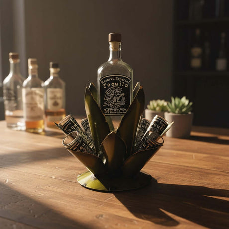 Mexican Tequila Decanter Set | Agave Metal Bar Display on rustic table