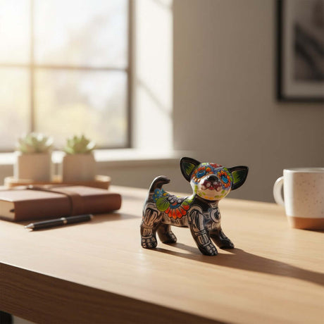 The Talavera Hub Mini Talavera Chihuahua Figurine with Day of the Dead skeleton motif and floral patterns in orange, blue, green, and red.