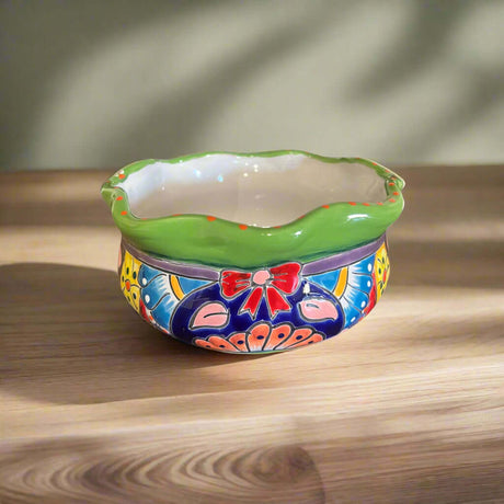 Mini Talavera Flower Pot | Wavy Rim Mexican Ceramic Planter - hand-painted rippled rim floral mini planter from Guanajuato, bright yellow and black accents
