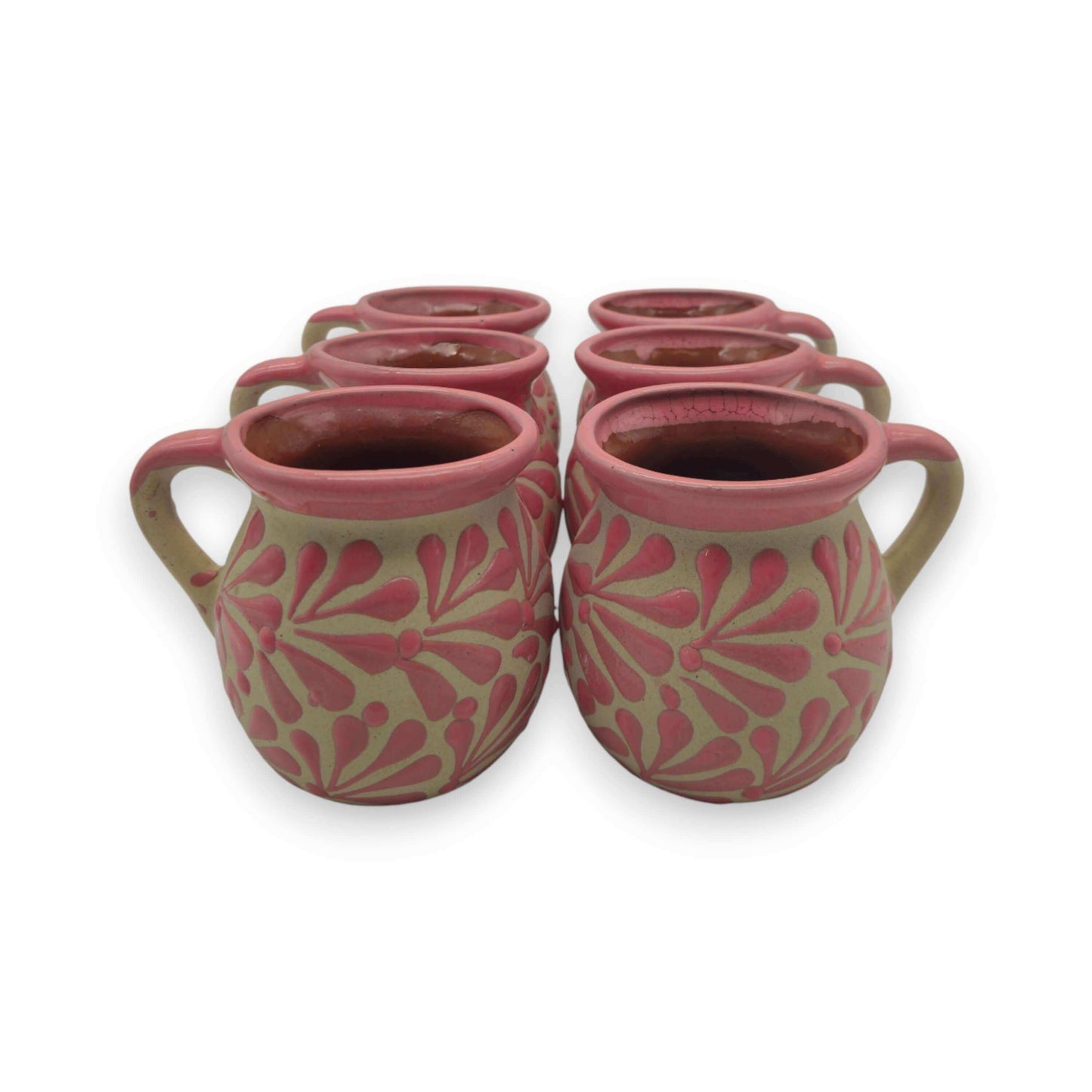 Pink Talavera Mug | Authentic Handmade Mexican Clay Jarrito - set of handcrafted pink clay mugs with white floral etching