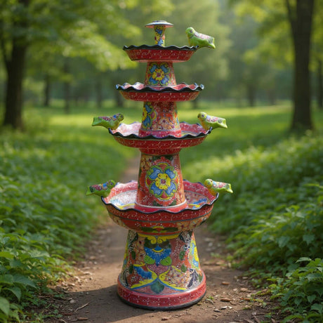 Red & Blue Rim Talavera Fountain | Multicolor Tiered Design in garden