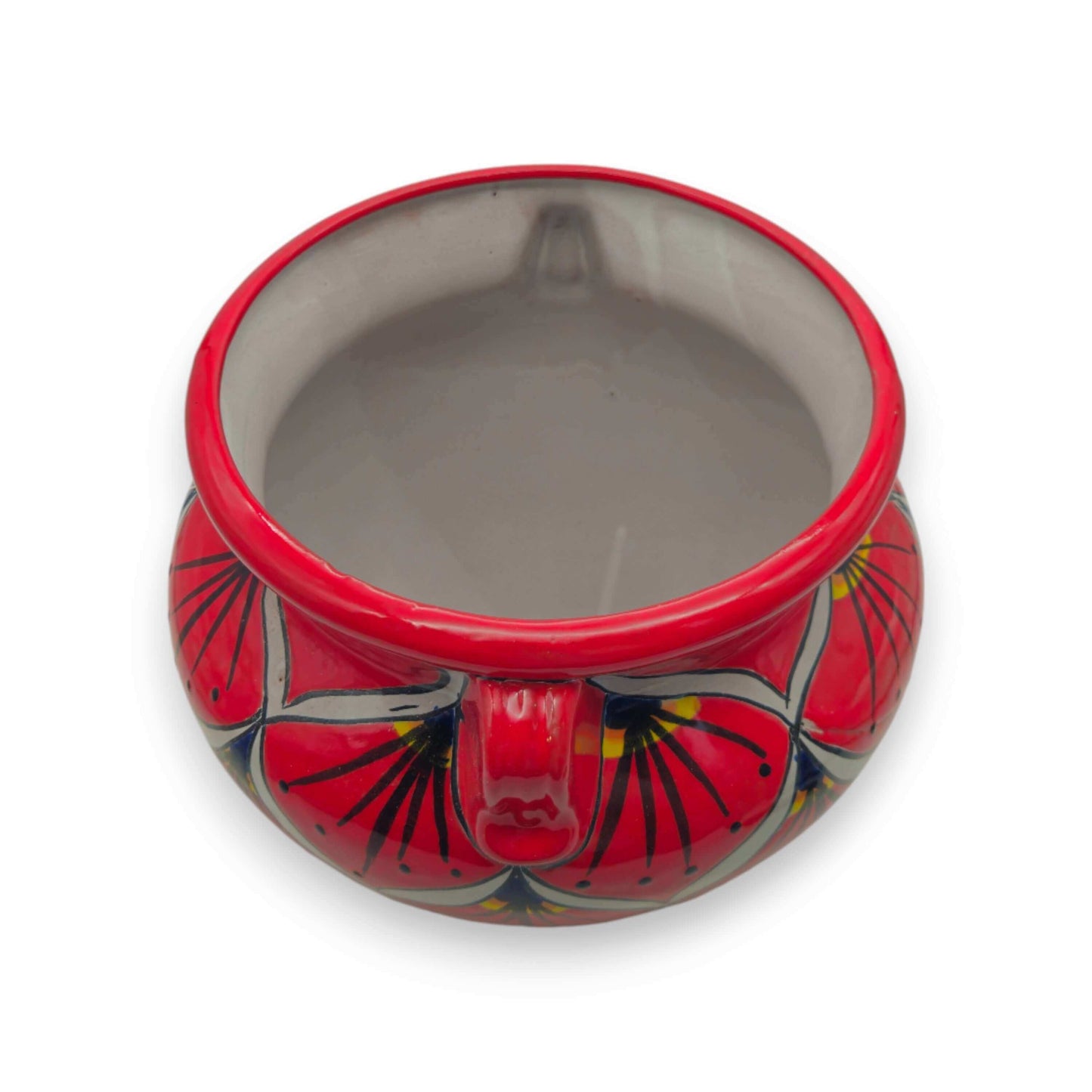 Red Peacock Talavera Planter | Hand-Painted Mexican Pot - top view of hand-painted red peacock petal motifs, kiln-fired lead-free glaze