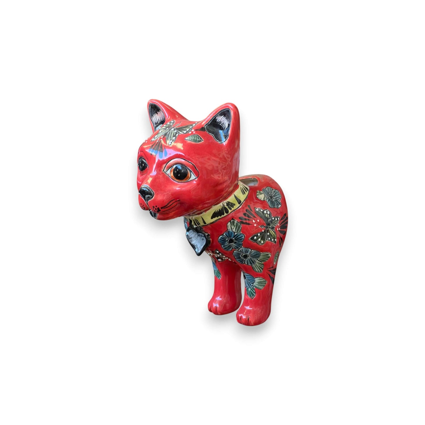 Talavera Cat Wall Planter | Hand-Painted Ceramic Art red hand-painted cat-shaped wall planter with floral and butterfly motifs