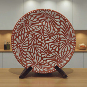 Set of 4 Brown & White Talavera Wall Plates | 11.5" Decorative Plates - hand-painted brown and white floral Talavera plate on display