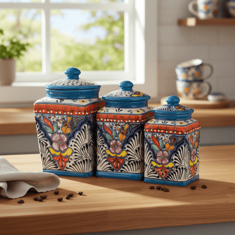 Set of 3 Light Blue Talavera Canister Set - lifestyle product view 1