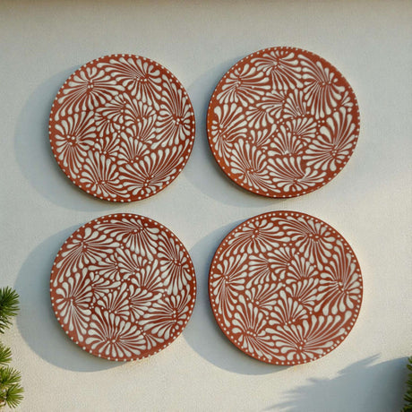 Set of 4 Brown & White Talavera Wall Plates | 11.5" Decorative Plates - hand-painted brown and white floral Talavera wall display
