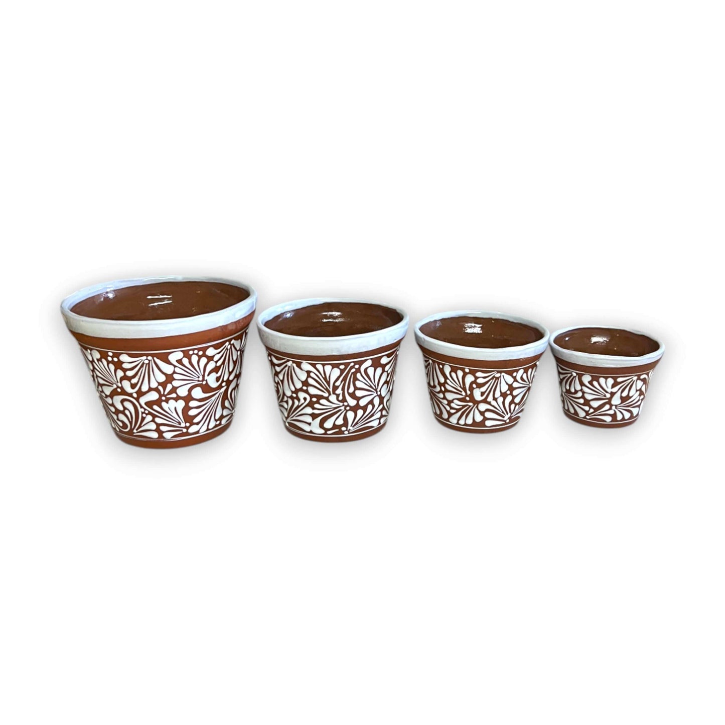 Set of 4 Talavera Flower Pots | Brown & White Terracotta Planters - handcrafted hand-painted terracotta planters with white floral Talavera design