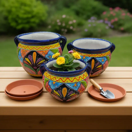 Small Cobalt Blue Rim Talavera Pot Trio | Hand-Painted Planters on wooden table.