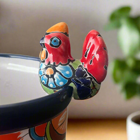 Talavera Chicken Pot Hanger | Small Handmade Mexican Garden Decor — hand-painted colorful Talavera chicken perched on rim of ceramic pot