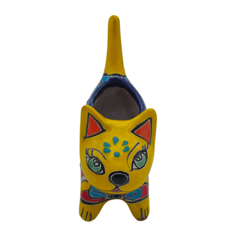 Yellow Talavera cat planter with expressive face and colorful painted details