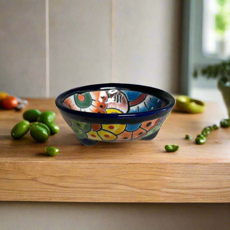 Small Talavera Salsa Bowl | Handmade Mexican Sauce Dish - hand-painted cobalt rim three-legged Talavera salsa bowl from Guanajuato, lead-free glaze