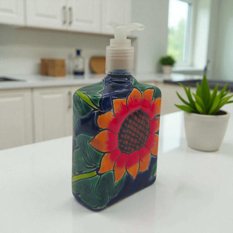 Sunflower Talavera Soap Pump | Handcrafted Ceramic Dispenser hand-painted sunflower ceramic soap dispenser in blue and orange