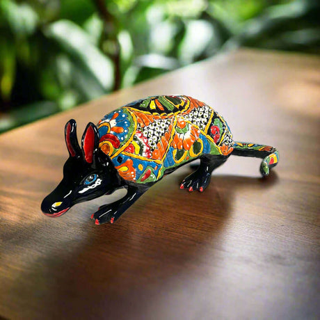 Talavera Armadillo Statue | Hand-Painted Mexican Folk Art Animal - hand-painted multicolor Talavera armadillo figurine from Guanajuato