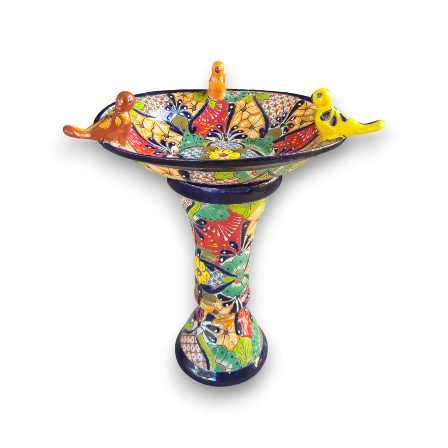 Talavera Bird Bath with Blue Rim | Colorful Mexican Garden Decor - hand-painted kiln-fired bird bath with three bright ceramic birds