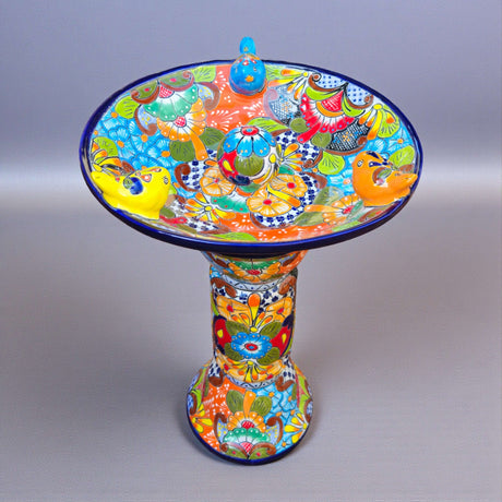 Talavera Bird Bath with Center Ball | Colorful Mexican Garden Art handpainted ceramic pedestal with bright floral motifs and decorative birds