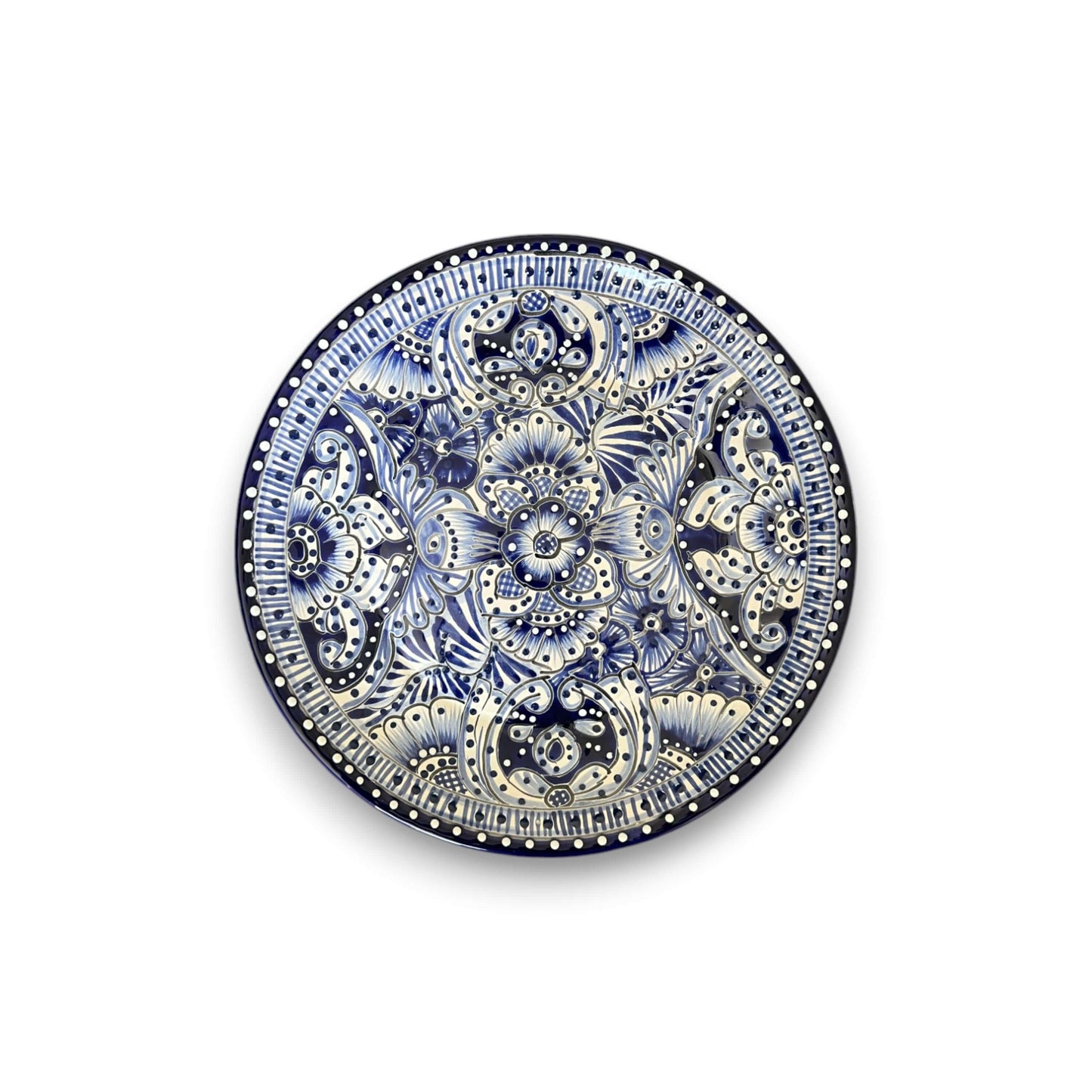 11.5" Talavera Blue & White Dinner Plate | Mexican Dinnerware - hand-painted blue floral Talavera ceramic plate, lead-free glaze, 11.5-inch