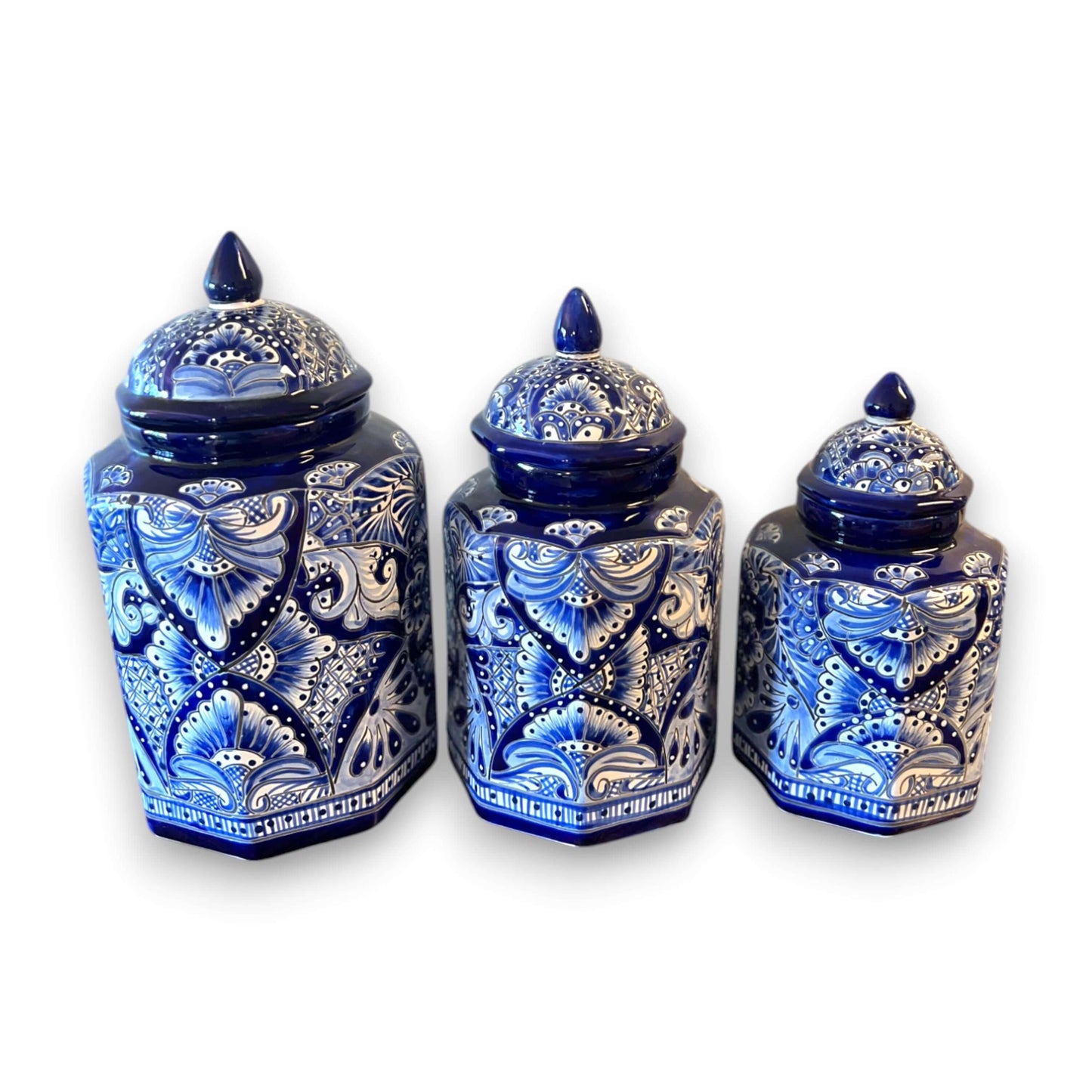 Talavera Blue & White Canister Set | Mexican Handmade Pottery - three hand-painted blue and white Talavera ceramic storage canisters